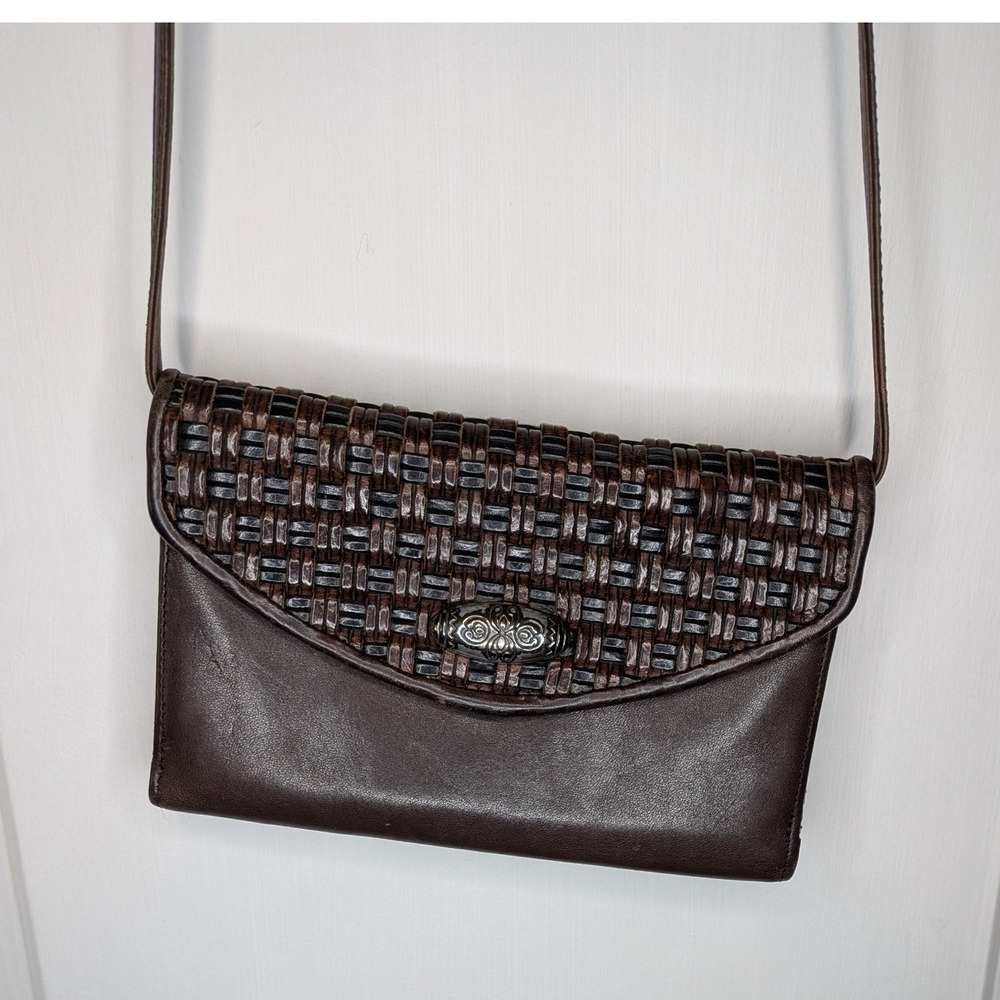 Brighton Dark Brown Leather Woven Crossbody Organizer Wallet Bag Silver Hardware